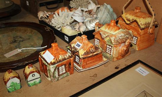 Staff cottage pottery teapot, butter dish, cover, preserve pot and cover, biscuit barrel and cover